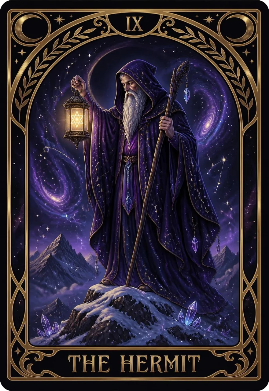 The Hermit tarot card (Major Arcana IX) from the Life Oracle deck