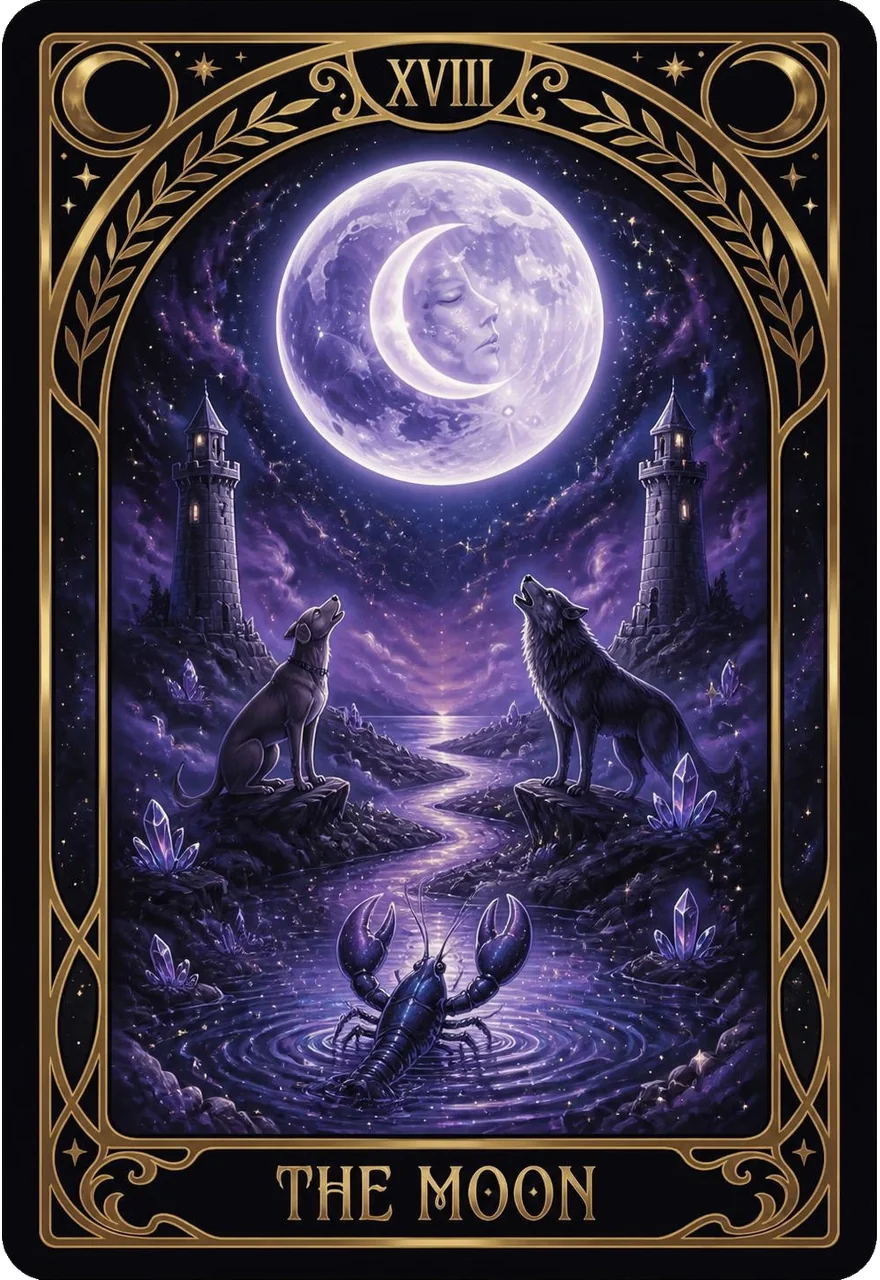 The Moon tarot card (Major Arcana XVIII) from the Life Oracle deck